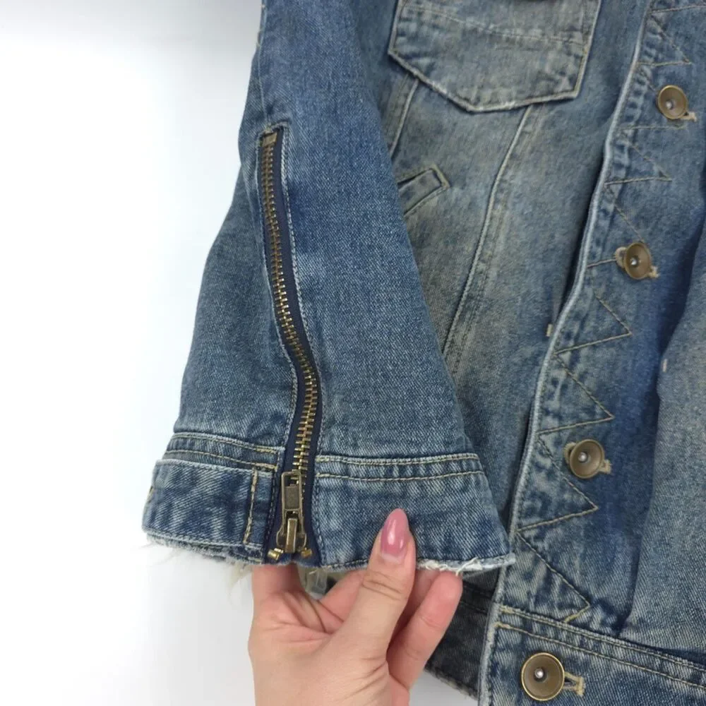 FREE PEOPLE Shaggy Fur Denim Trucker Jacket Festival Boho Indie Downtown Girl - Picture 10 of 13